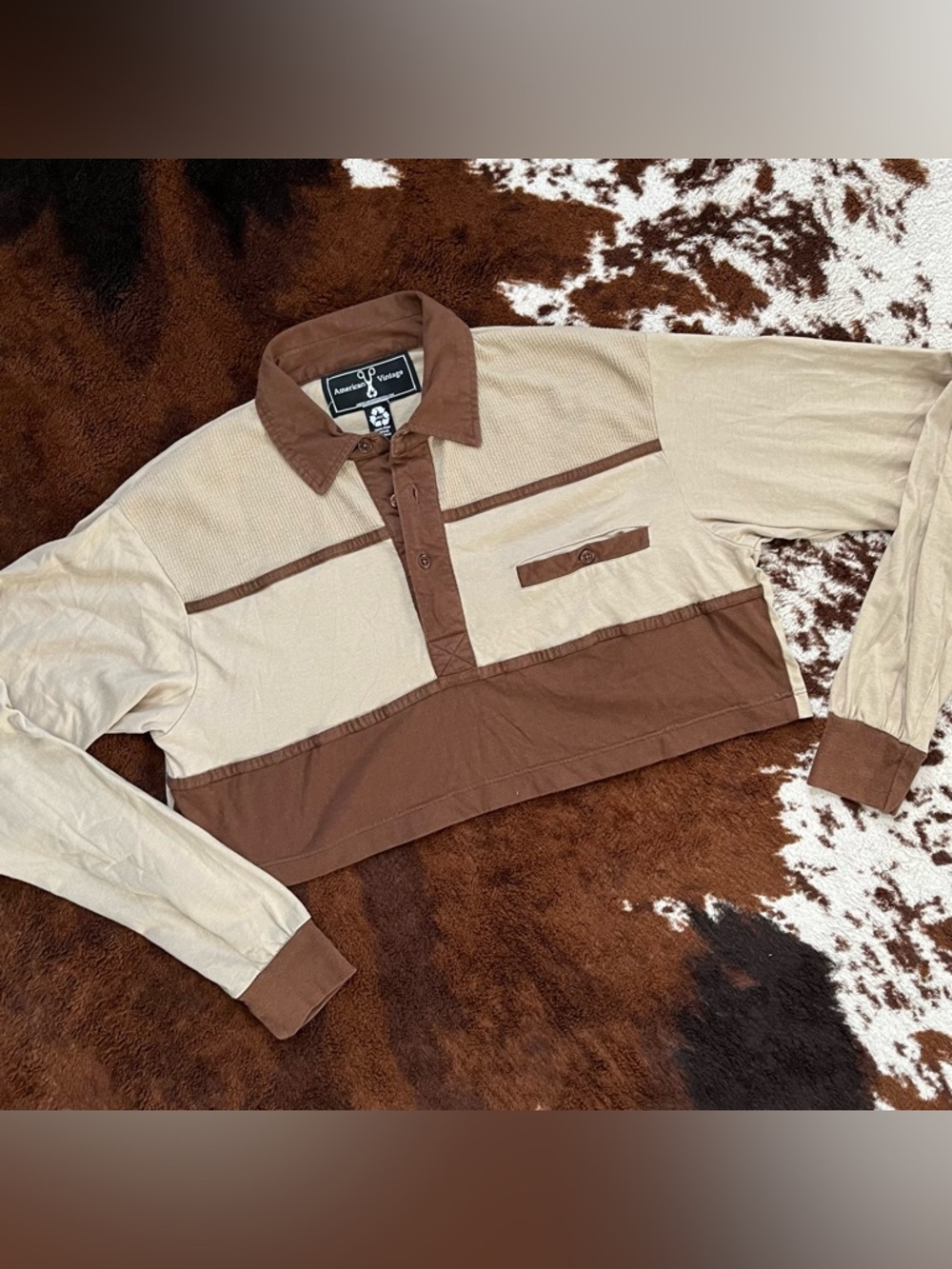 American Vintage USA Brown Long Sleeve Cropped Shirt | HM Patchwork | Sz: M